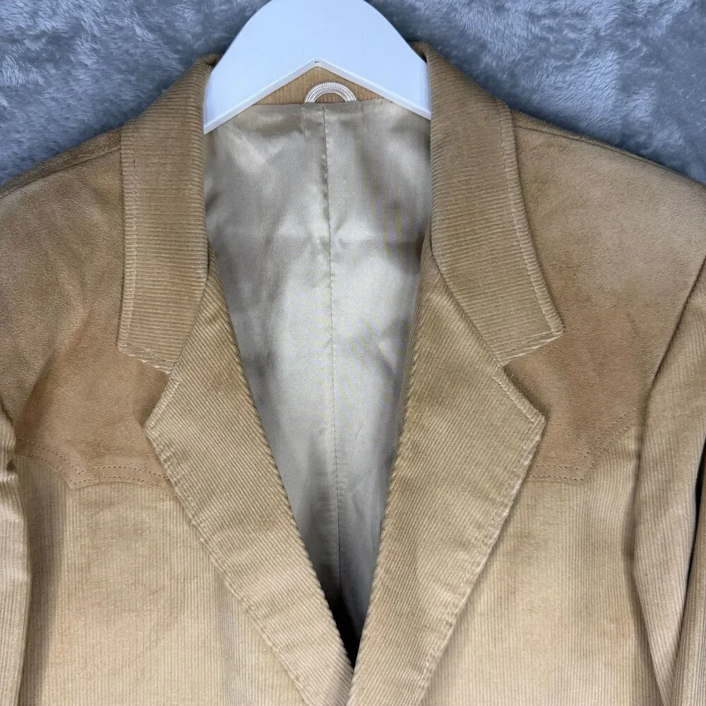 VTG Pioneer Wear Blazer Mens 46 Beige Corduroy Leather Western Jacket USA Cowboy